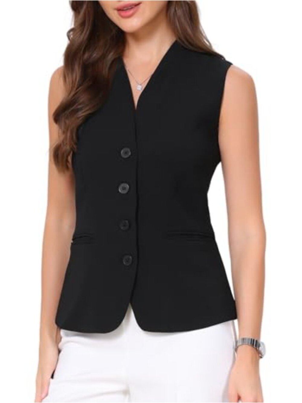 Women's Slim Fit V Neck Sleeveless Waistcoat with Pockets Fully Lined Work